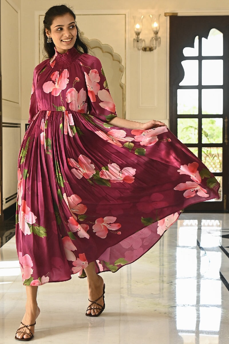 Puce Printed Maroon High Neck Dress With Balloon Sleeves
