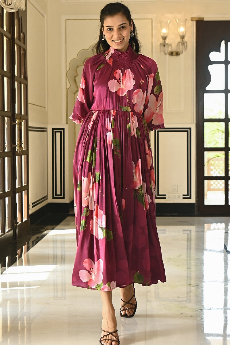 Puce Printed Maroon High Neck Dress With Balloon Sleeves