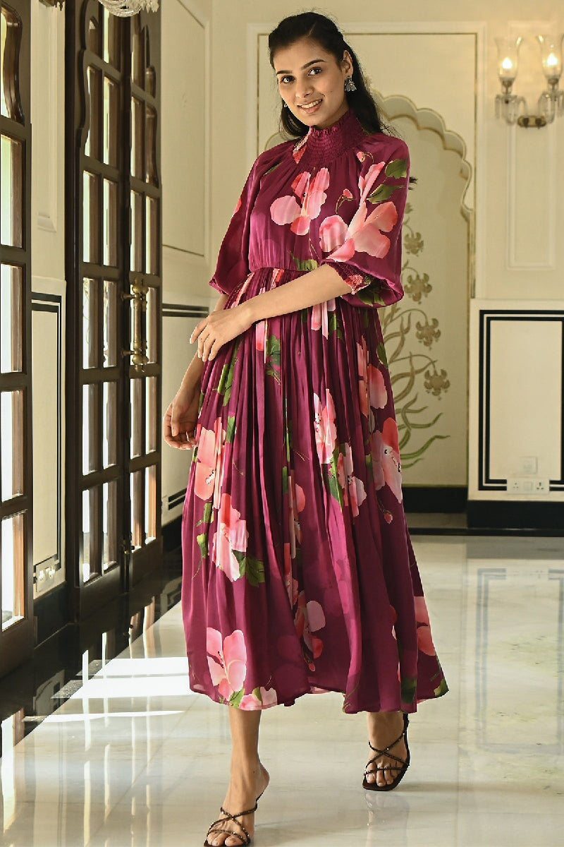 Puce Printed Maroon High Neck Dress With Balloon Sleeves