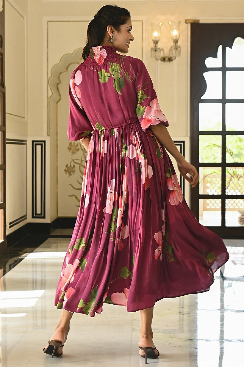 Puce Printed Maroon High Neck Dress With Balloon Sleeves