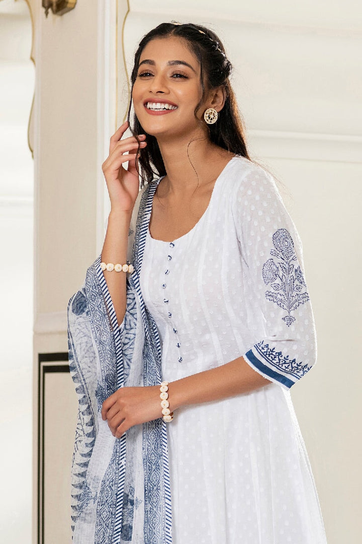 Rimjhim White Handblock Printed Kalidar Kurta With Pant & Dupatta