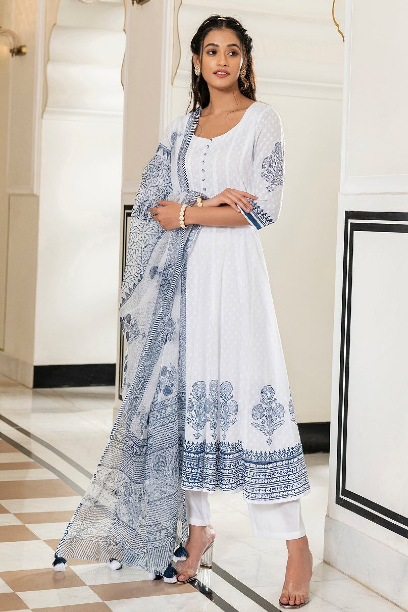 Rimjhim White Handblock Printed Kalidar Kurta With Pant & Dupatta