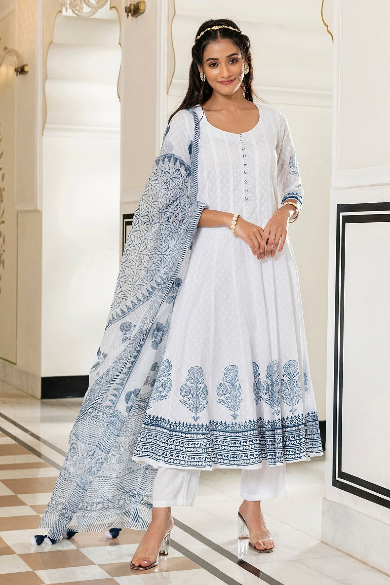 Rimjhim White Handblock Printed Kalidar Kurta With Pant & Dupatta