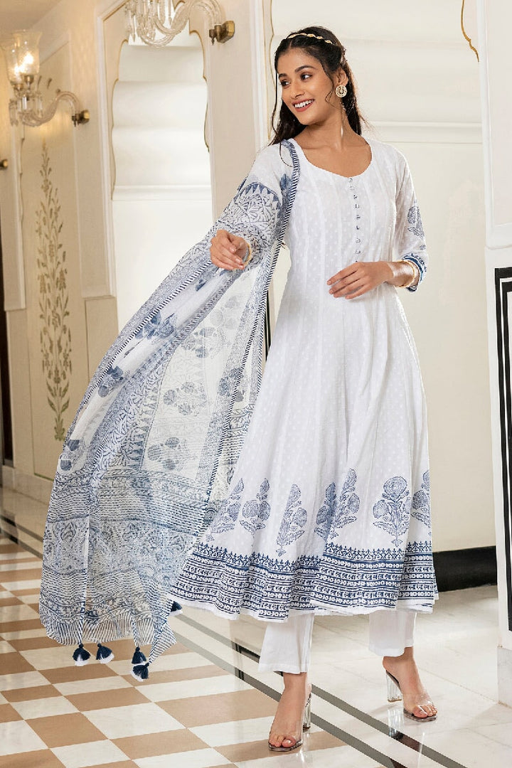 Rimjhim White Handblock Printed Kalidar Kurta With Pant & Dupatta