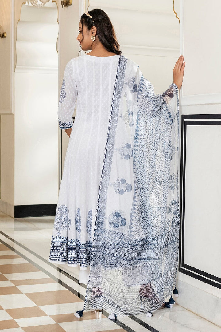 Rimjhim White Handblock Printed Kalidar Kurta With Pant & Dupatta
