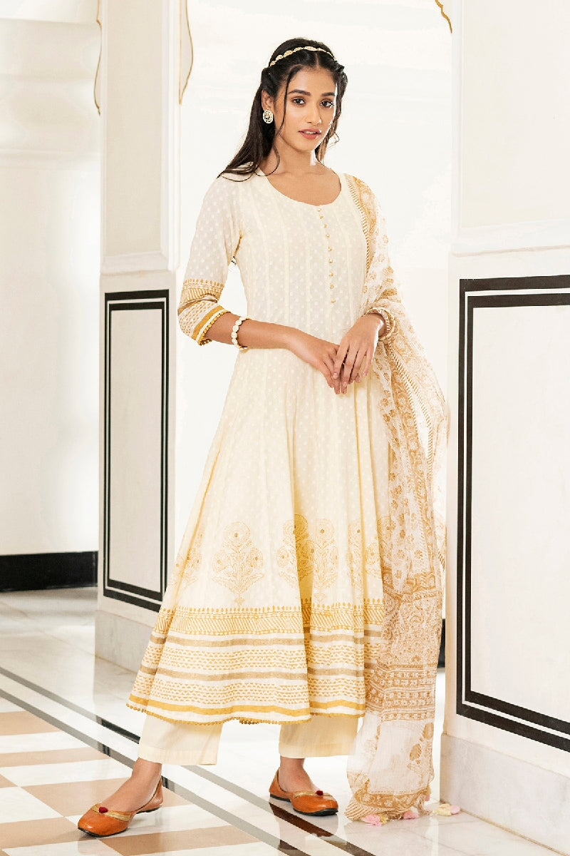 Riwayat Light Brown Handblock Printed Kalidar Kurta With Pant & Dupatta