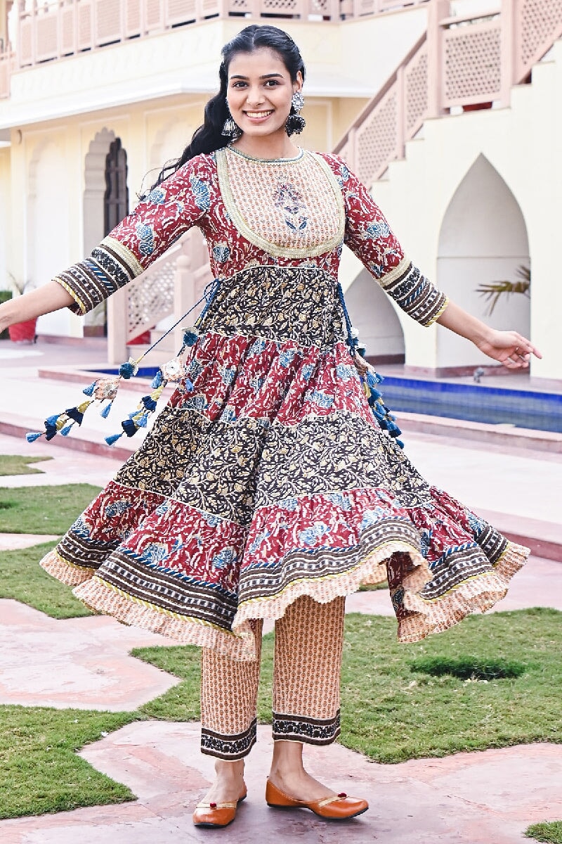 Rubai Printed Red Embroidered Tiered Kurta With Pant & Dupatta