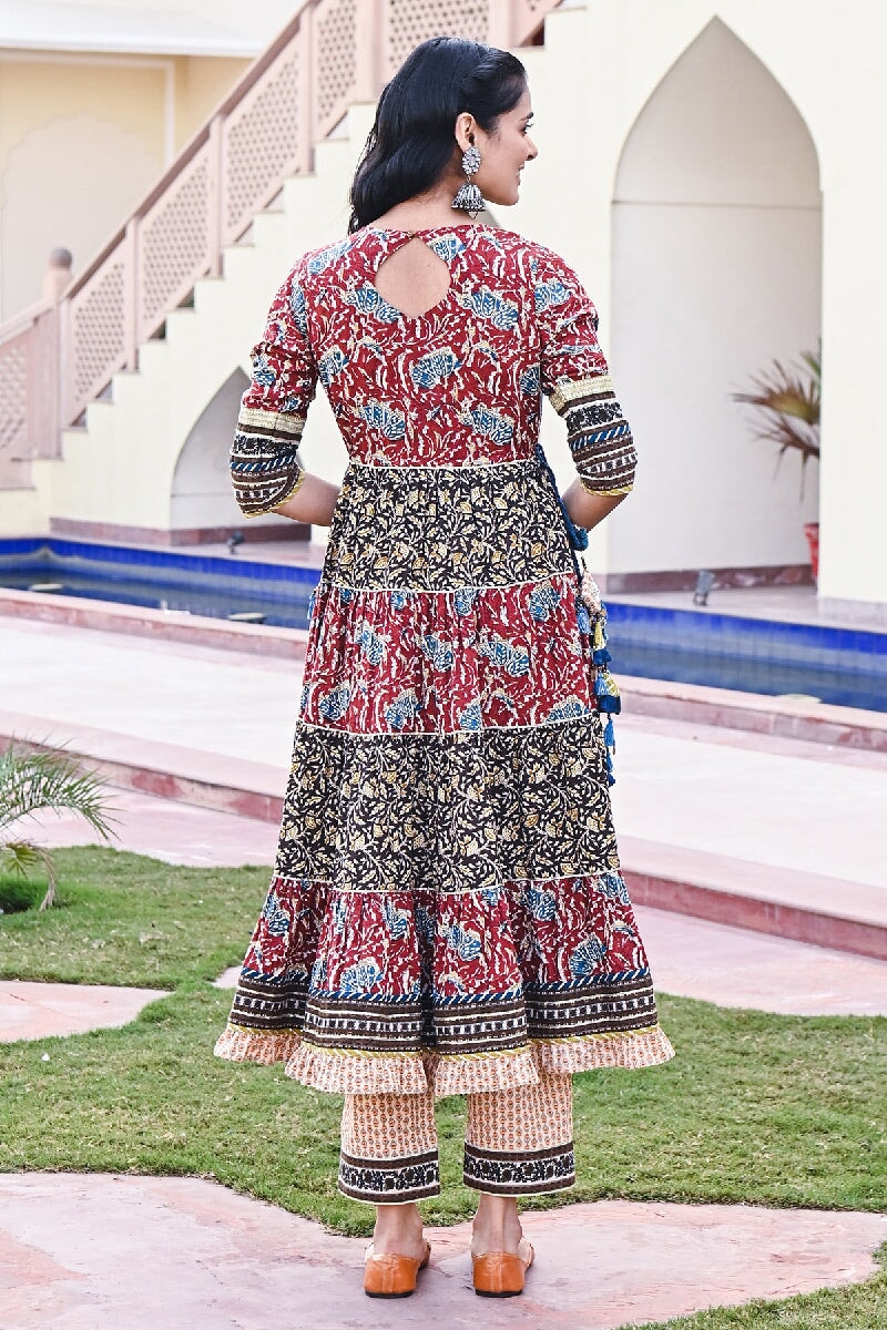 Rubai Printed Red Embroidered Tiered Kurta With Pant & Dupatta