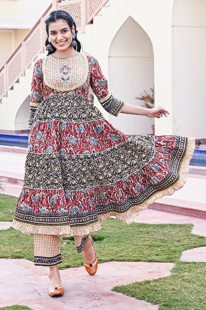Rubai Printed Red Embroidered Tiered Kurta With Pant & Dupatta