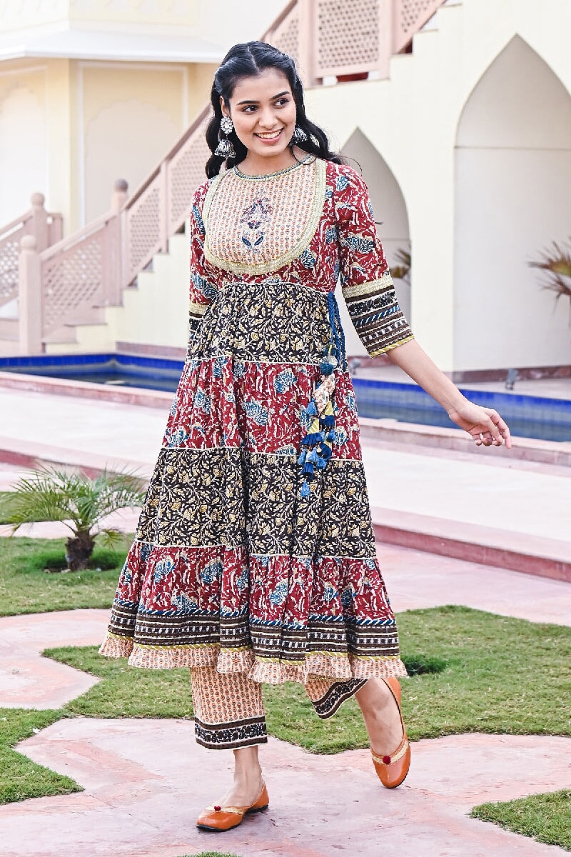 Rubai Printed Red Embroidered Tiered Kurta With Pant & Dupatta