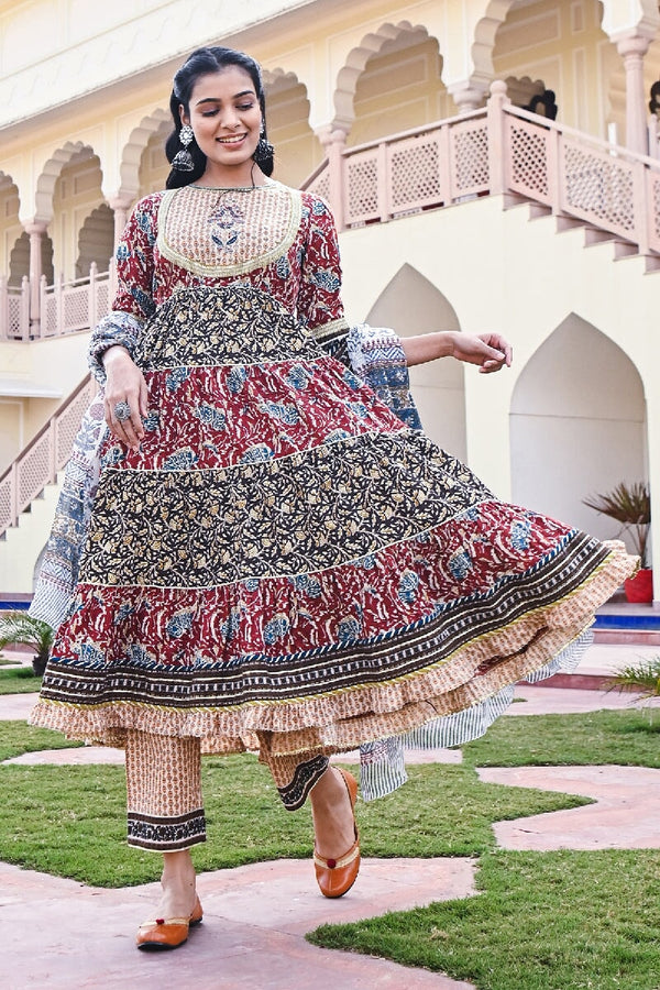 Rubai Printed Red Embroidered Tiered Kurta With Pant & Dupatta