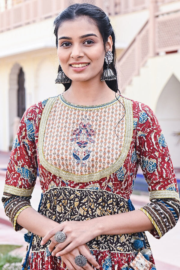 Rubai Printed Red Embroidered Tiered Kurta With Pant & Dupatta