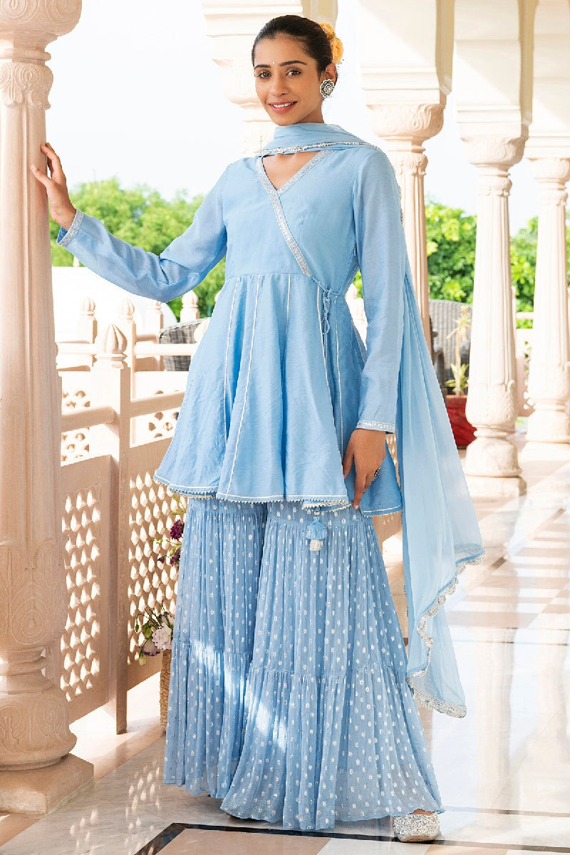 Ruhama Light Blue Angrakha Kurta with Lurex Sharara & Dupatta