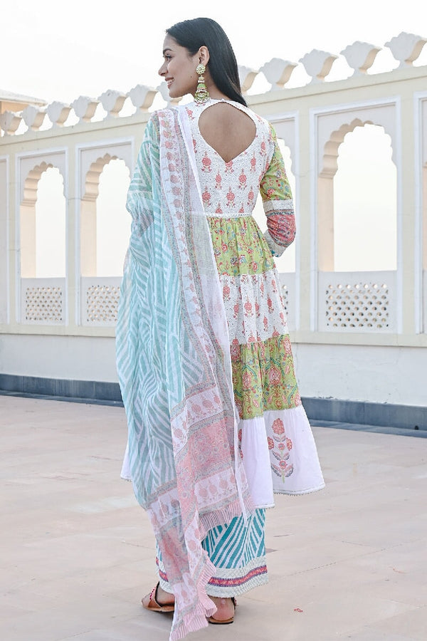 Saanjh Printed Green-White Sequins Flared Kurta With Wide-Leg Pant & Dupatta