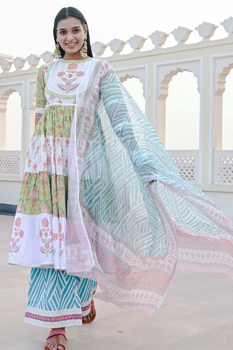 Saanjh Printed Green-White Sequins Flared Kurta With Wide-Leg Pant & Dupatta