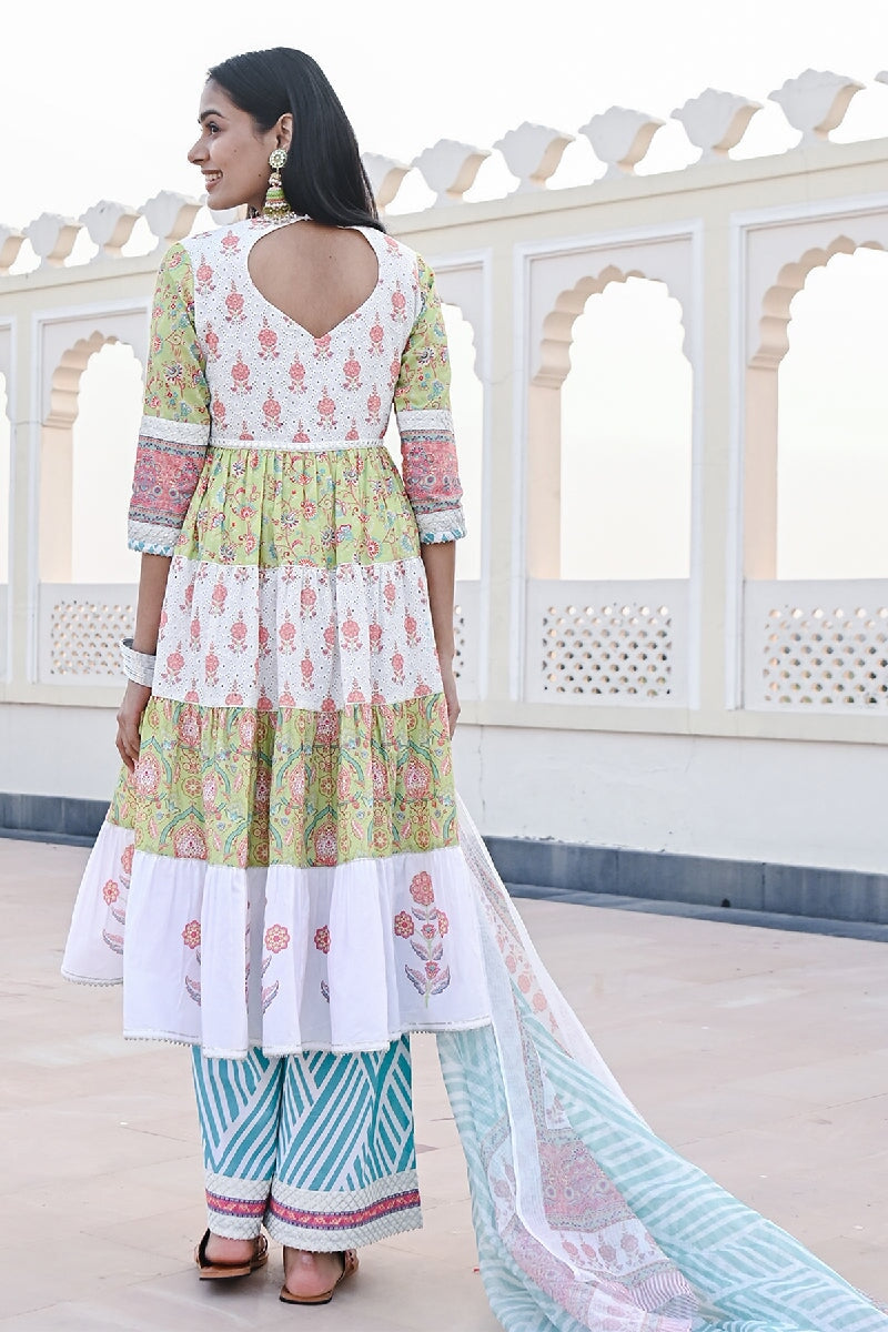 Saanjh Printed Green-White Sequins Flared Kurta With Wide-Leg Pant & Dupatta