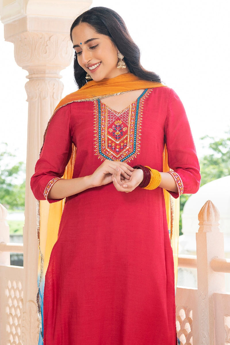 Saanvi Red  Embroidered Straight Kurta With Pant & Dupatta