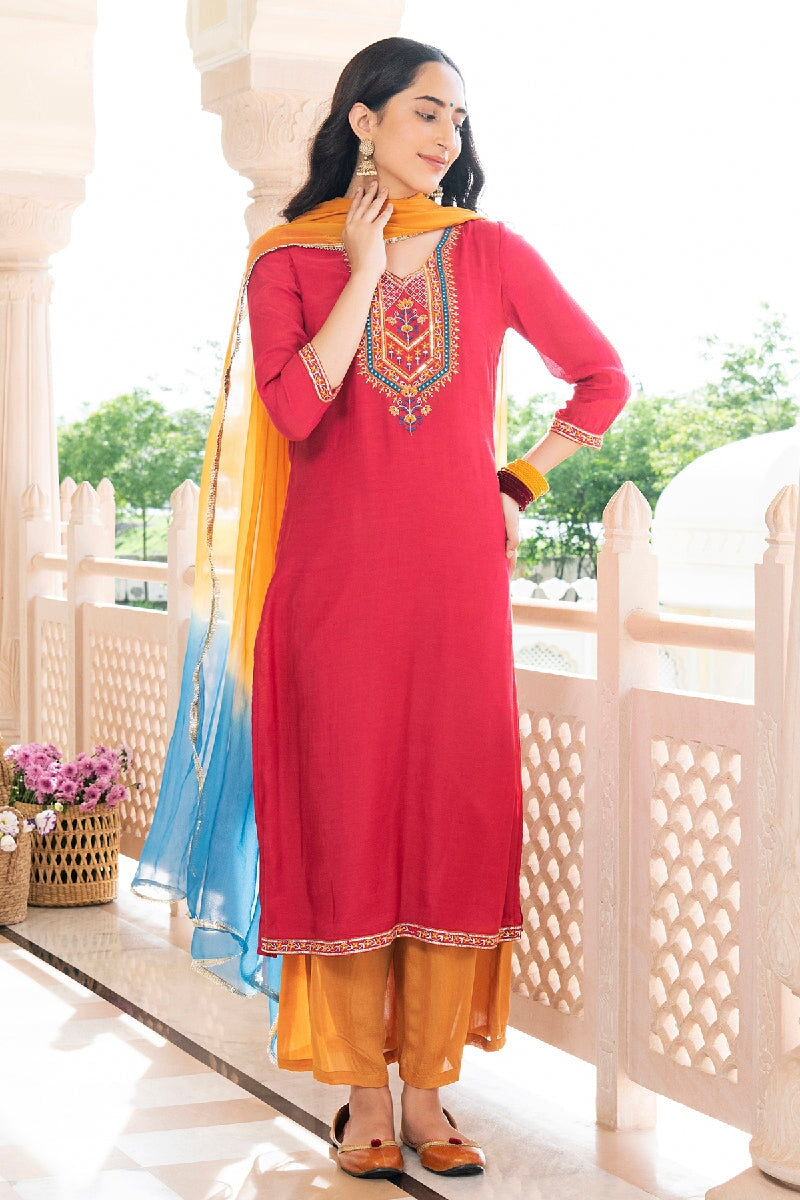 Saanvi Red  Embroidered Straight Kurta With Pant & Dupatta