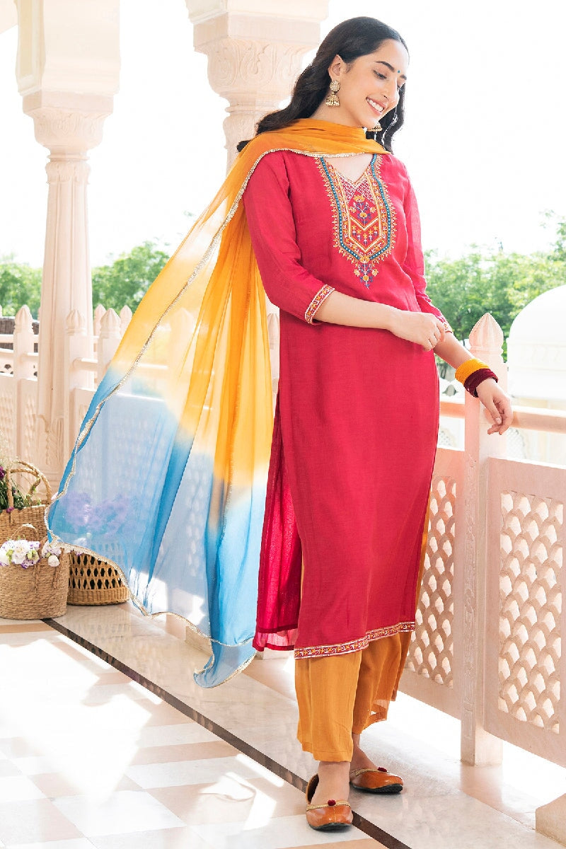 Saanvi Red  Embroidered Straight Kurta With Pant & Dupatta
