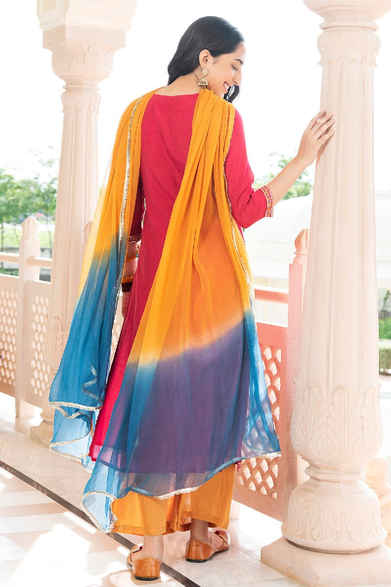 Saanvi Red  Embroidered Straight Kurta With Pant & Dupatta
