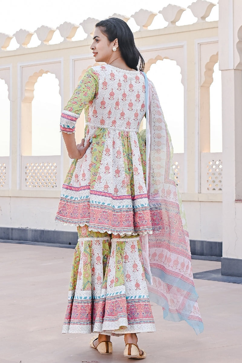 Sakhi Printed Green-White Flared Kurta With Sharara & Dupatta