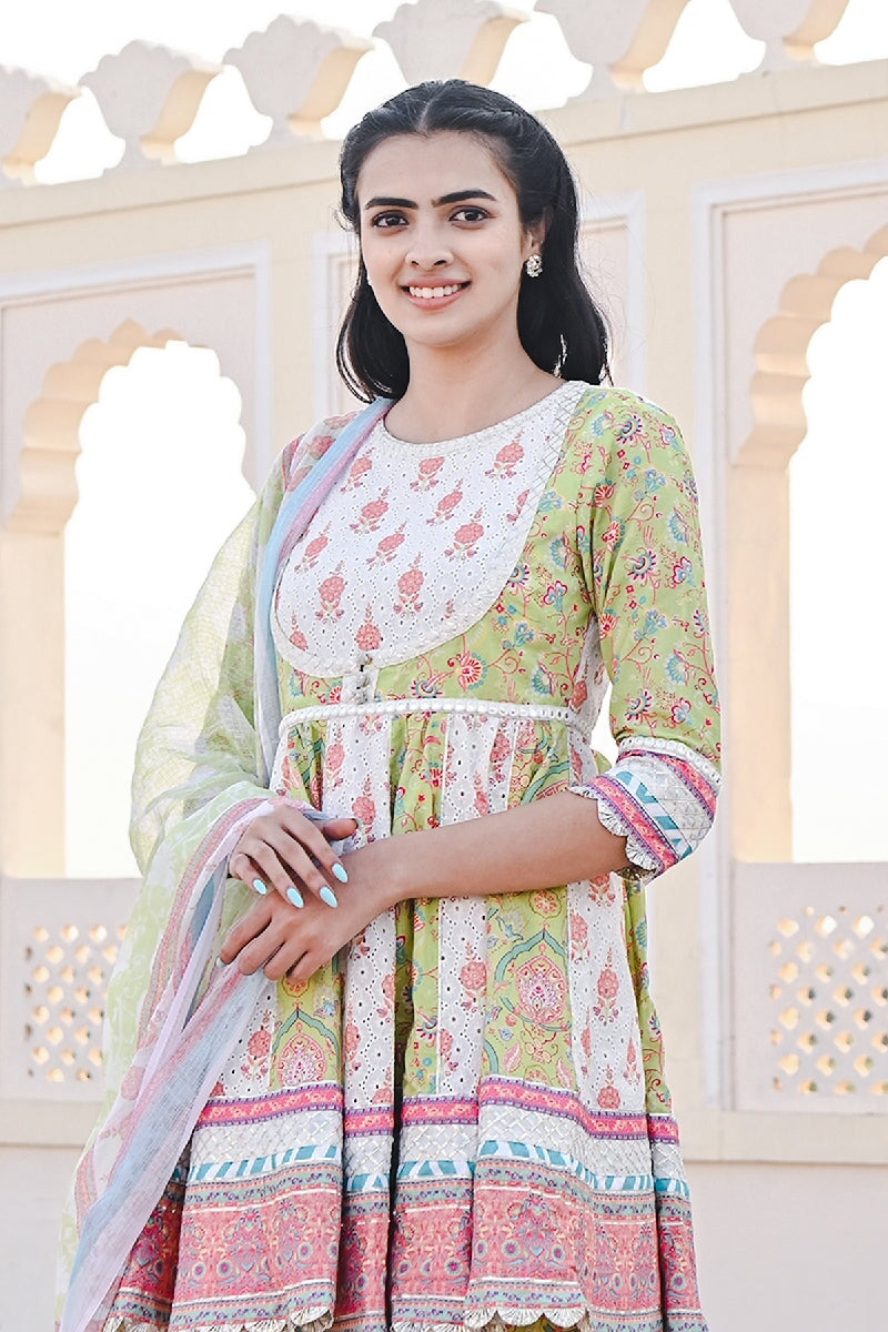 Sakhi Printed Green-White Flared Kurta With Sharara & Dupatta
