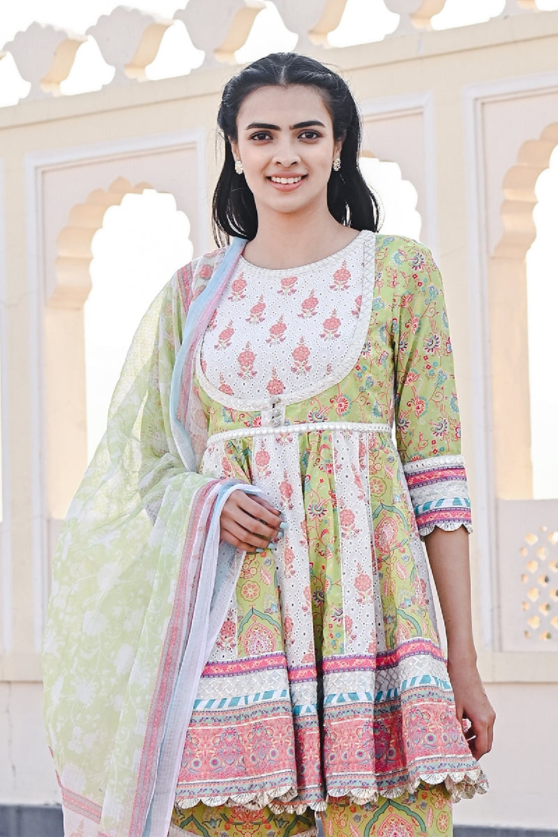Sakhi Printed Green-White Flared Kurta With Sharara & Dupatta