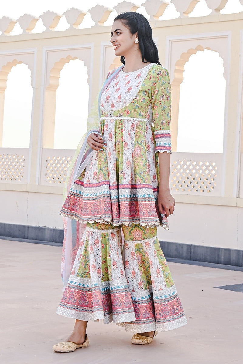 Sakhi Printed Green-White Flared Kurta With Sharara & Dupatta