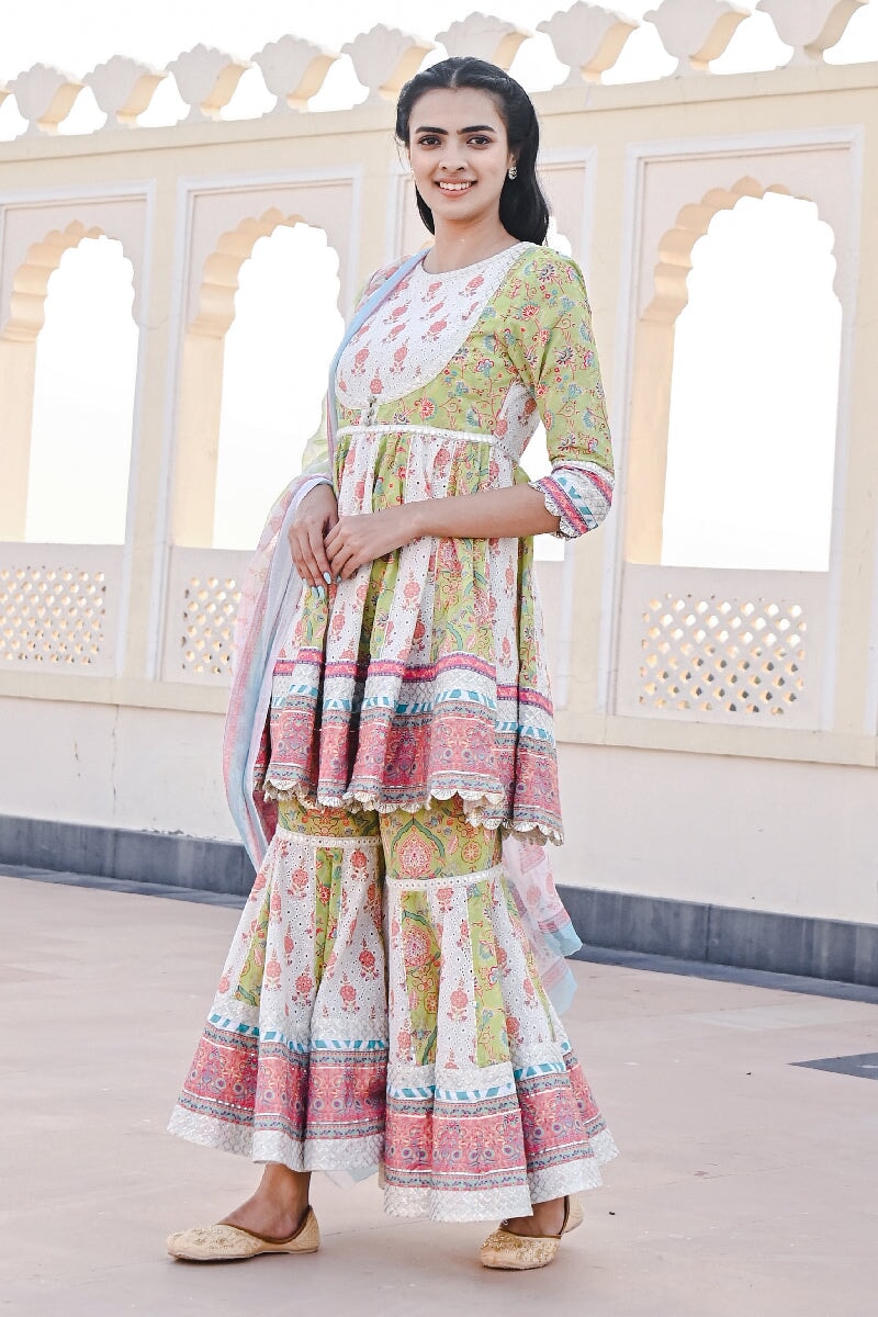 Sakhi Printed Green-White Flared Kurta With Sharara & Dupatta