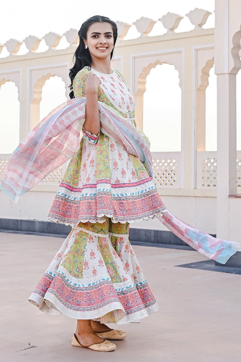 Sakhi Printed Green-White Flared Kurta With Sharara & Dupatta