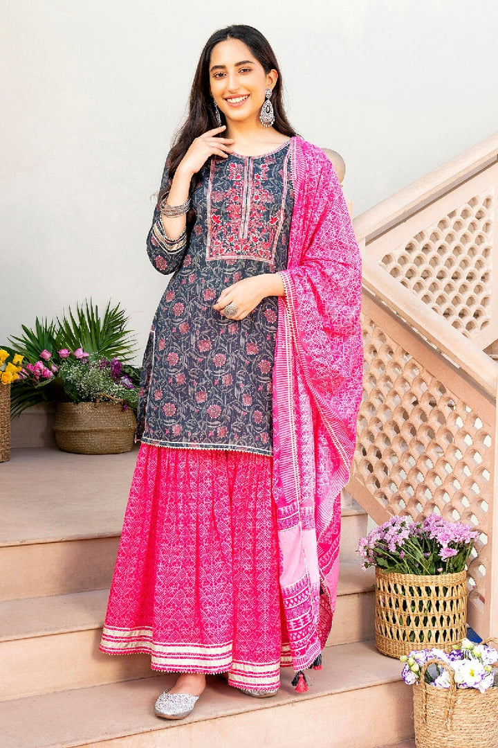 Samrina Printed Blue Embroidered Straight Kurta With Sharara & Dupatta