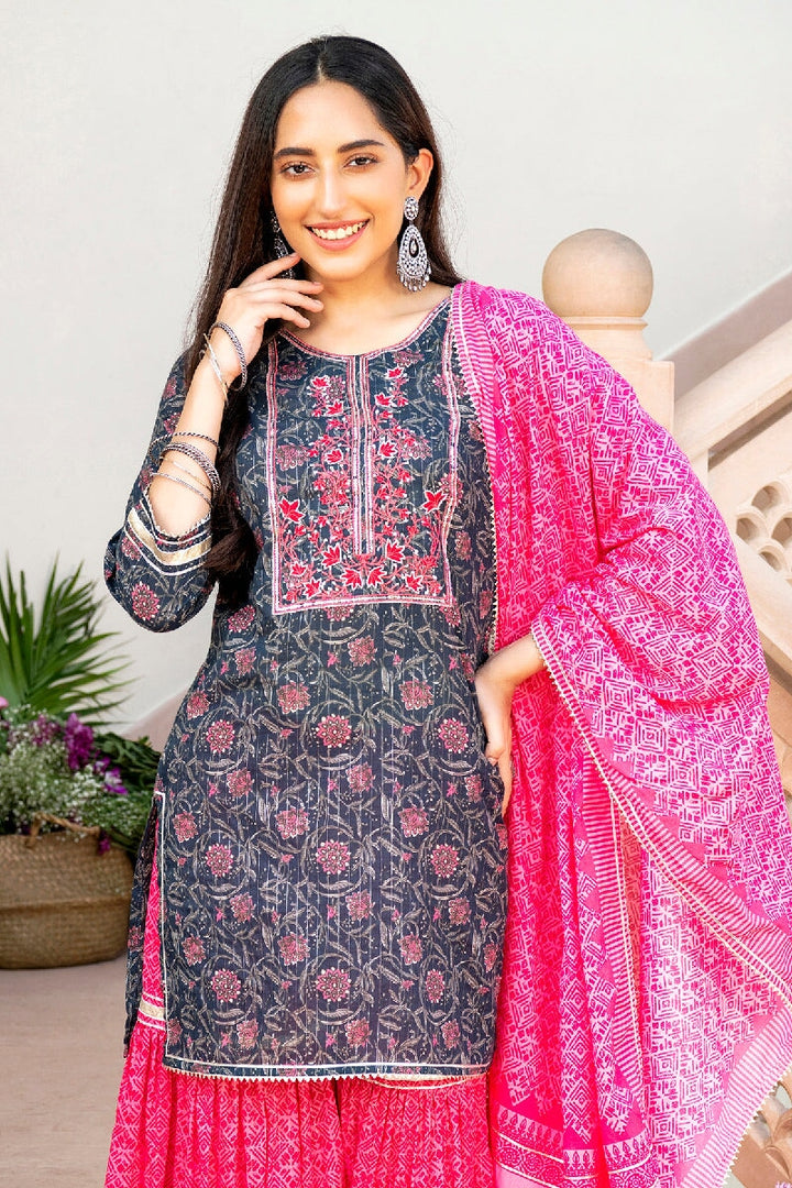 Samrina Printed Blue Embroidered Straight Kurta With Sharara & Dupatta