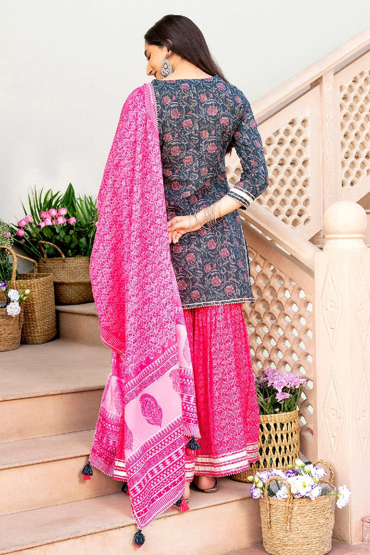 Samrina Printed Blue Embroidered Straight Kurta With Sharara & Dupatta