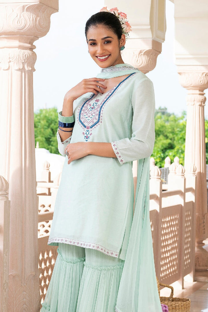Sehaj Light Green Embroidered Straight Kurta With Sharara & Dupatta