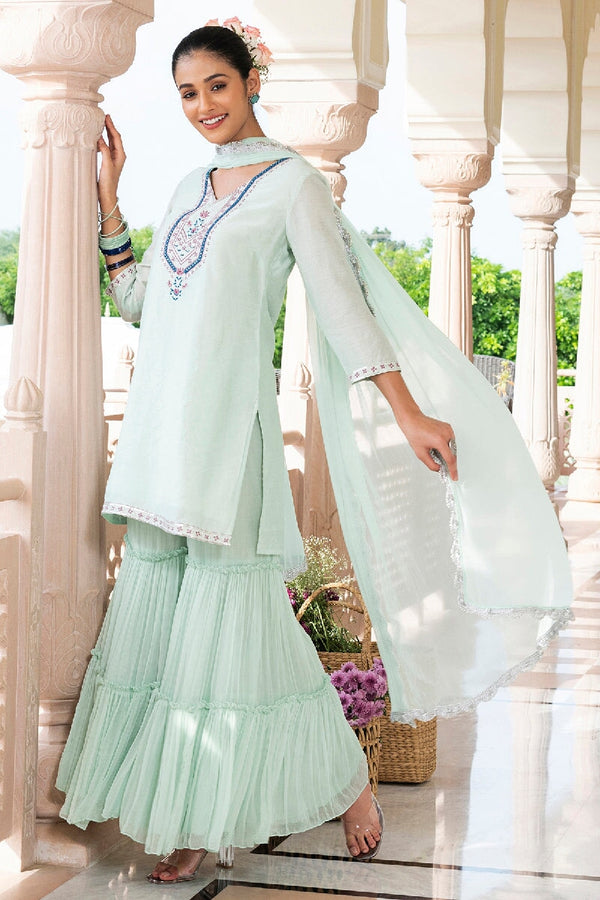 Sehaj Light Green Embroidered Straight Kurta With Sharara & Dupatta