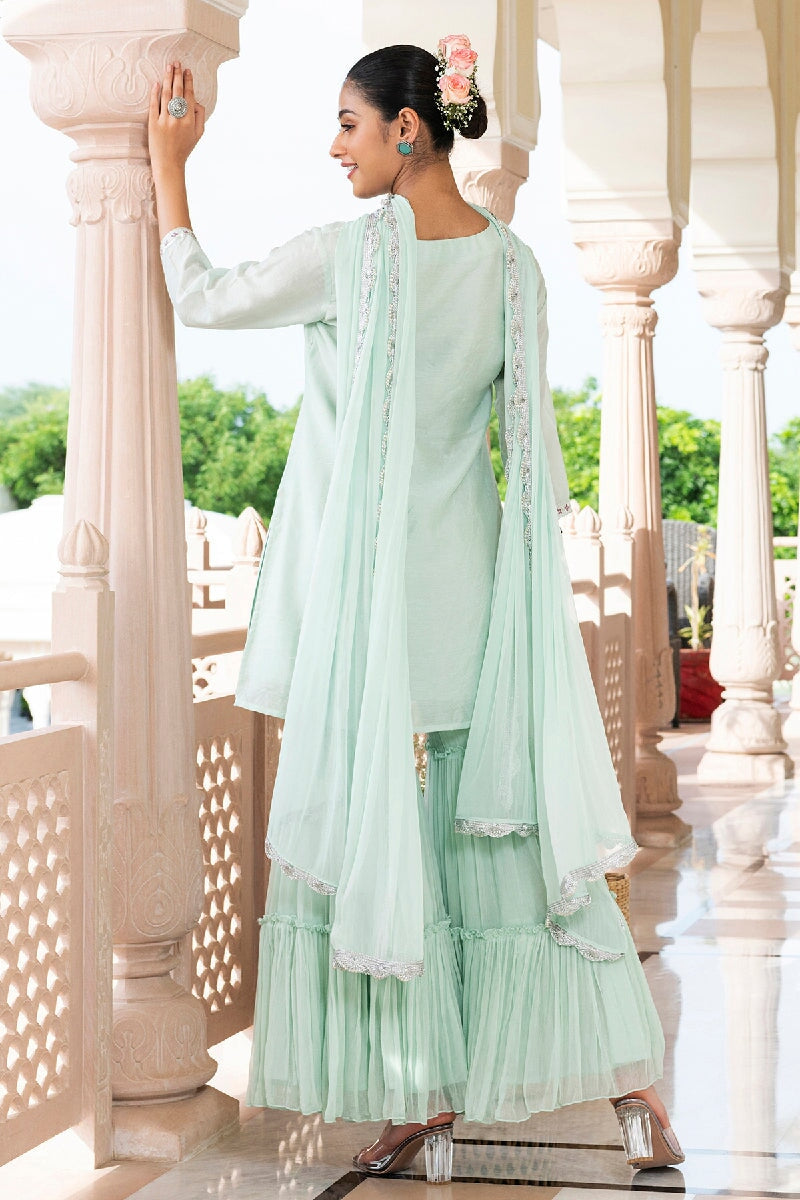 Sehaj Light Green Embroidered Straight Kurta With Sharara & Dupatta
