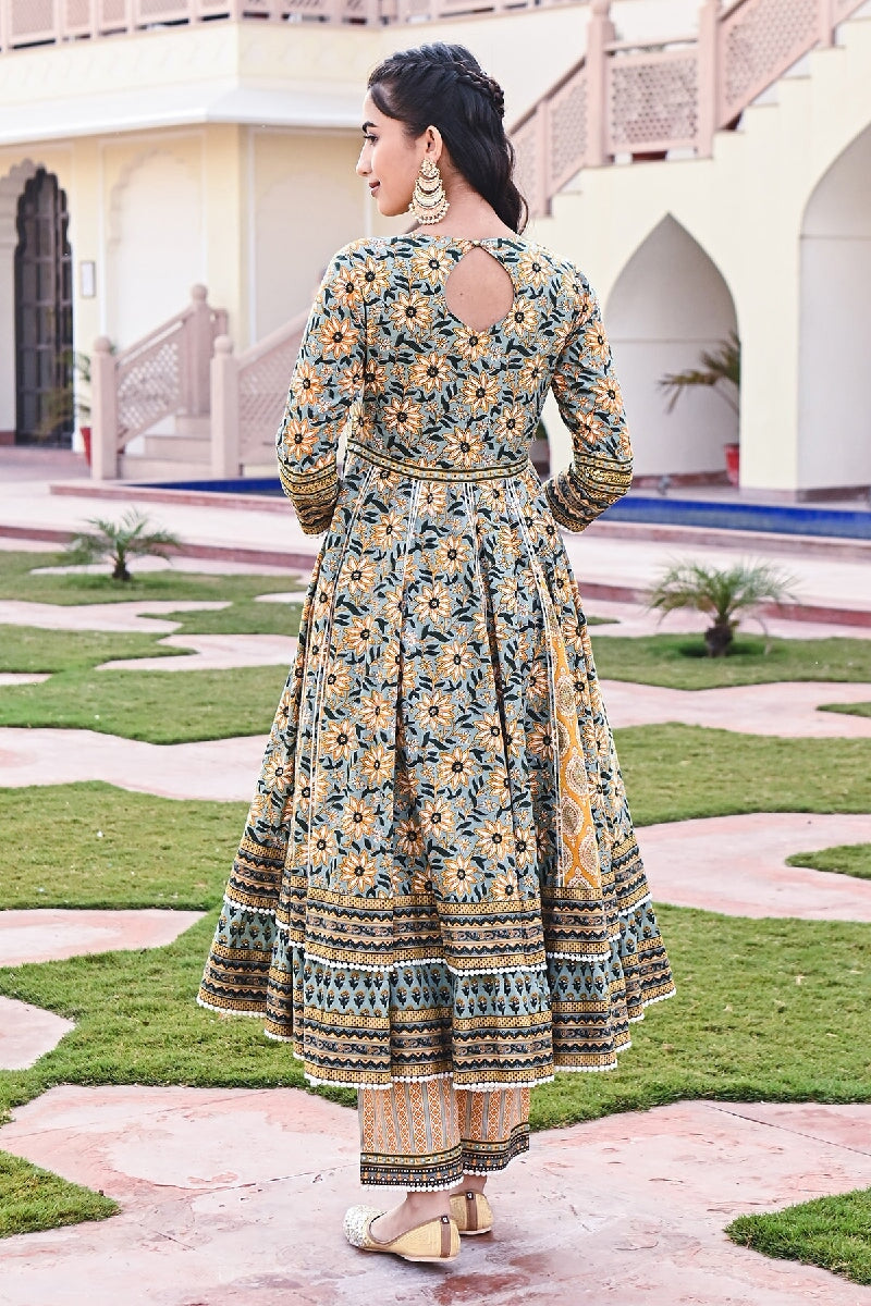 Surajmukhi Printed Yellow-Green Embroidered Flared Kurta With Pant & Dupatta