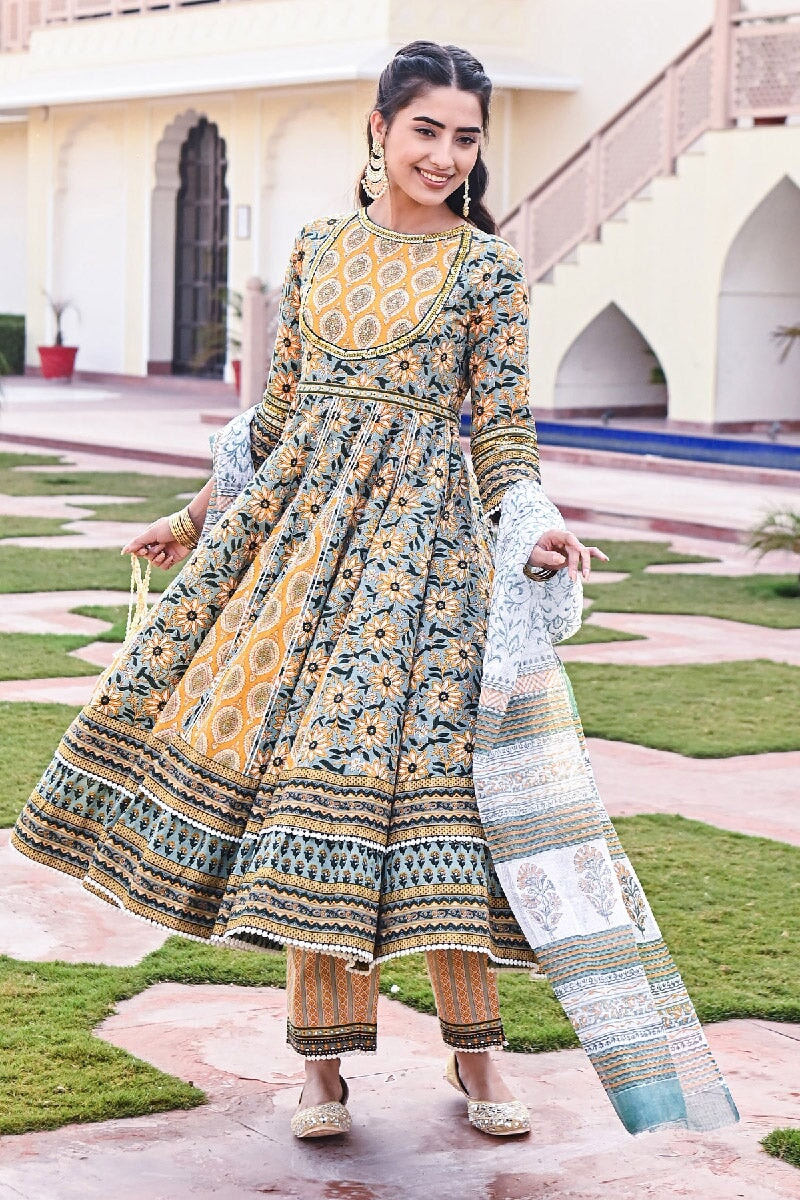 Surajmukhi Printed Yellow-Green Embroidered Flared Kurta With Pant & Dupatta