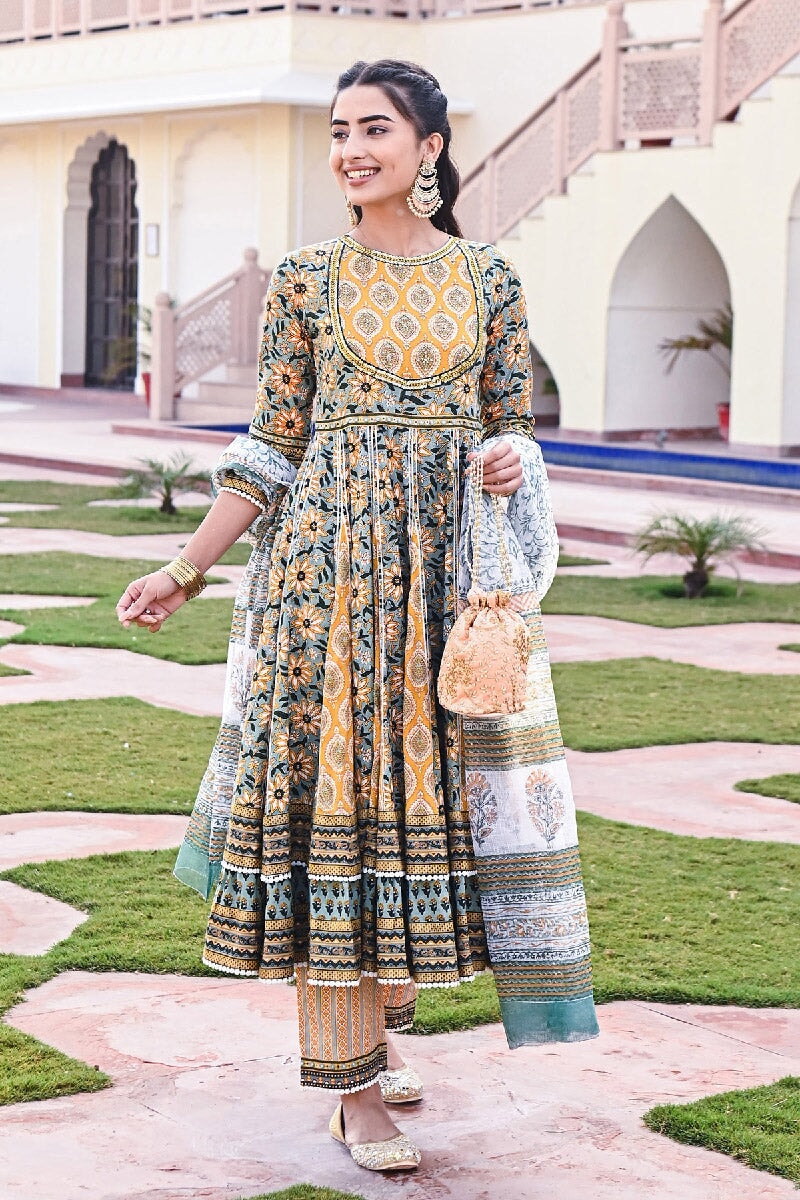 Surajmukhi Printed Yellow-Green Embroidered Flared Kurta With Pant & Dupatta