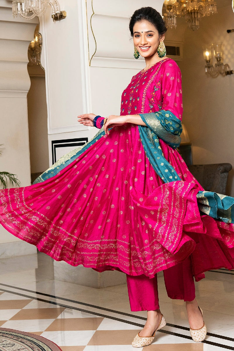 Trishila Pink Rogan Embroidered Flared Kurta With Pant & Silk Dupatta