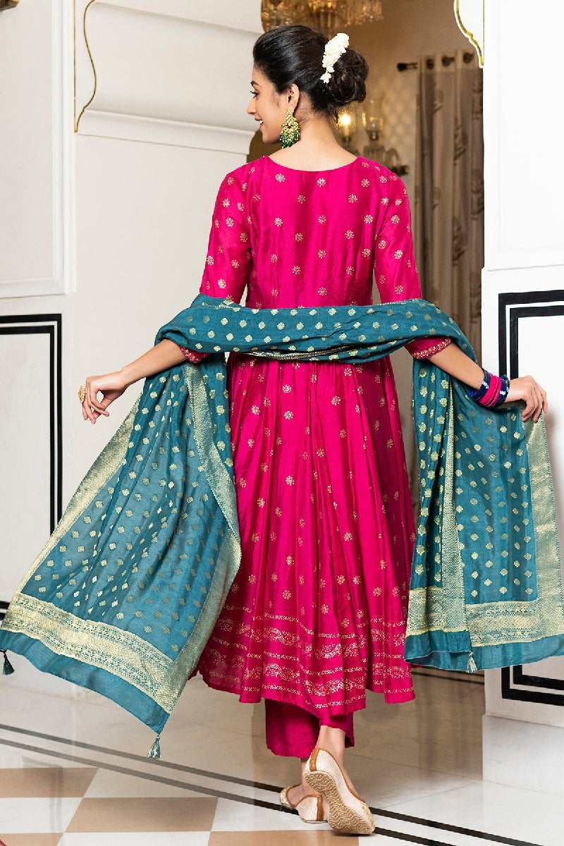 Trishila Pink Rogan Embroidered Flared Kurta With Pant & Silk Dupatta