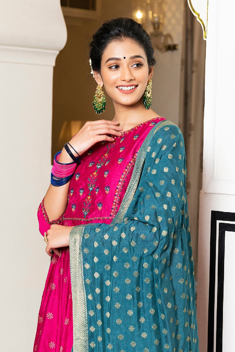 Trishila Pink Rogan Embroidered Flared Kurta With Pant & Silk Dupatta