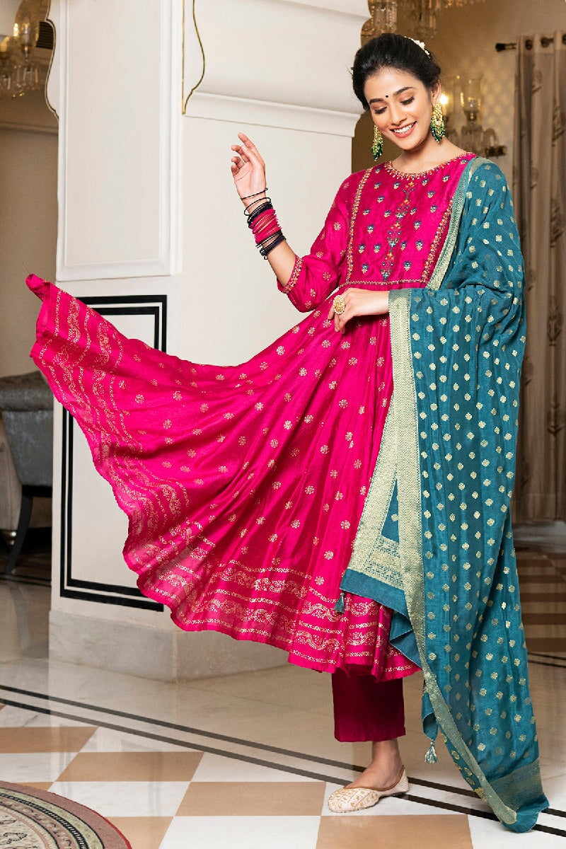 Trishila Pink Rogan Embroidered Flared Kurta With Pant & Silk Dupatta