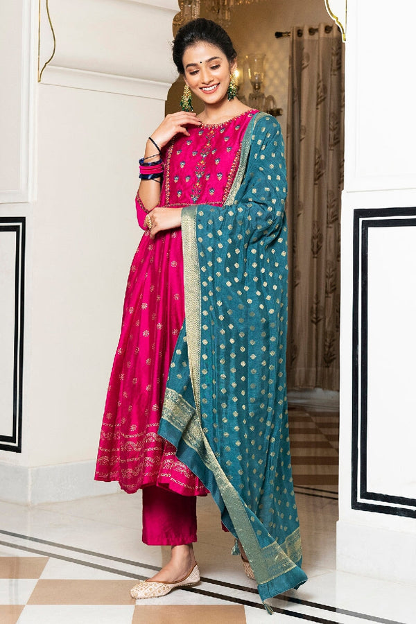 Trishila Pink Rogan Embroidered Flared Kurta With Pant & Silk Dupatta