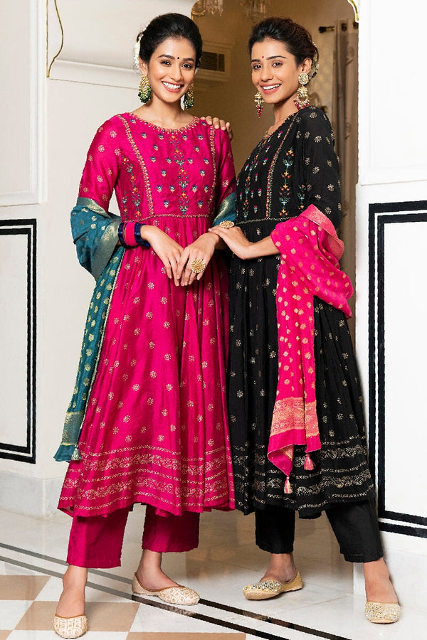 Trishila Pink Rogan Embroidered Flared Kurta With Pant & Silk Dupatta