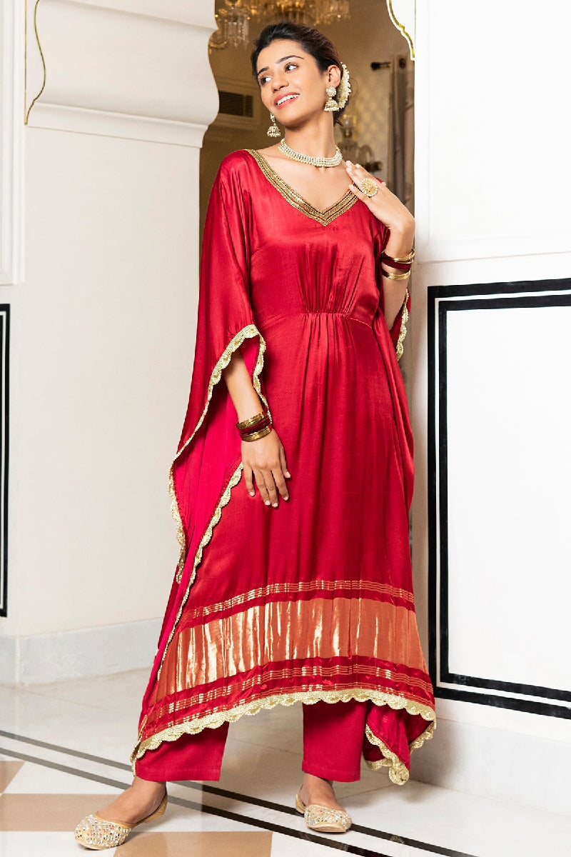 Vaidehi Solid Red Layered Kaftan Set