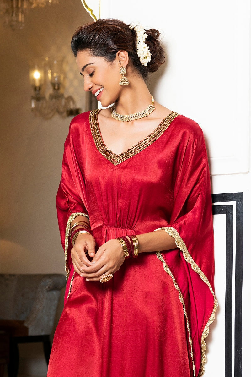 Vaidehi Solid Red Layered Kaftan Set