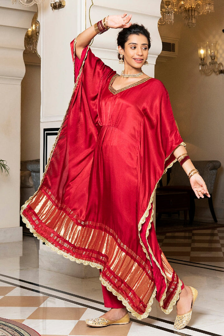 Vaidehi Solid Red Kaftan Dress EverBloom Vaidehi Solid Red Kaftan Dress EverBloom