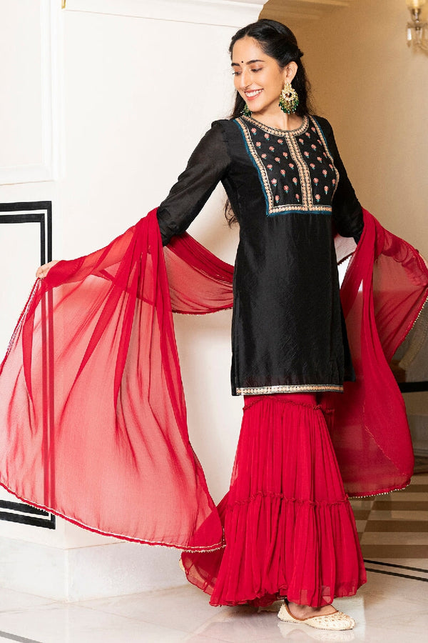 Zaina Black Embroidered Kurta With Sharara & Dupatta