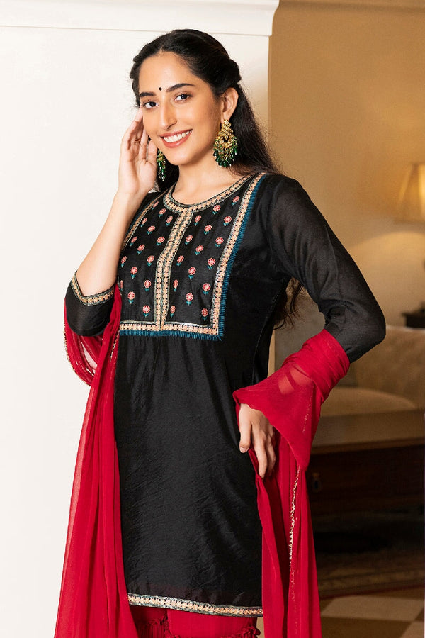 Zaina Black Embroidered Kurta With Sharara & Dupatta